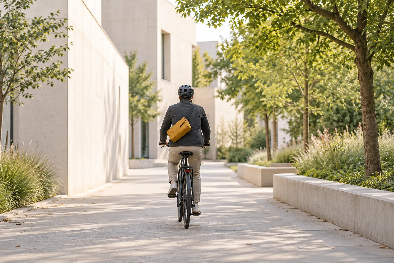 Konzeptmotiv: eine Person fährt mit dem Fahrrad auf einem ruhigen Weg im Grünen.